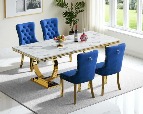 Vista 17 de Juego de 4 mesas de comedor blancas y doradas, mesa de cocina rectangular de 68 pulgadas con parte superior de mármol sintético blanco, mesa de Mesa