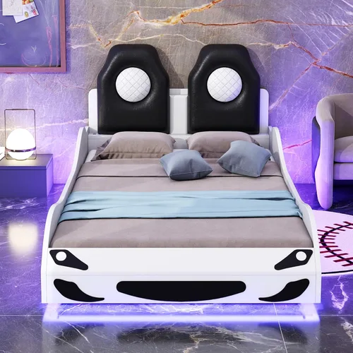Vista 3 de Twin Size Race Car-Shaped Platform Bed with Upholstered Backrest, Wooden Platform Bed with Sturdy Slat Support for Kids Teens Boys Girls Bedroom