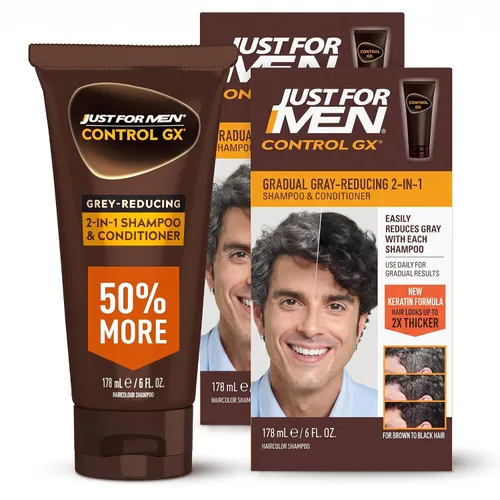 Vista 7 de Champú y acondicionador (dos en uno) Just For Men Control GX para reducción de canas, color gradual del cabello con queratina para un cabello más