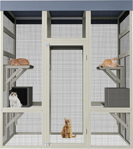 Vista 12 de Catio grande de madera para exteriores de 110 pulgadas, recintos para gatos al aire libre, cubierta resistente a la intemperie, dos puertas