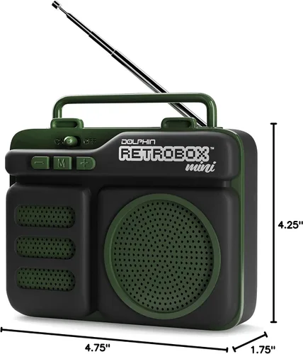 Vista 5 de Retrobox Mini de Dolphin, altavoz Bluetooth portátil para lugar de trabajo con MP3, radio FM, AUX, batería duradera y duradera (verde militar)