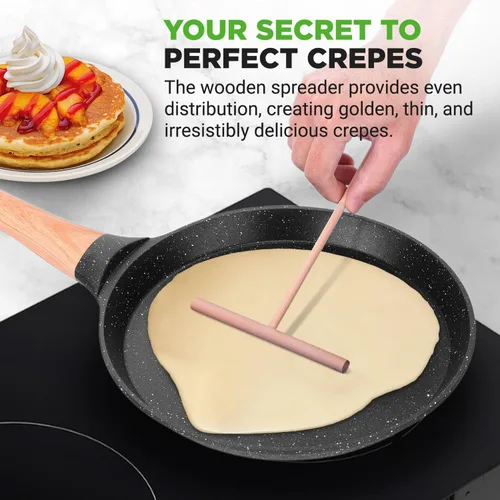 Vista 2 de NutriChef - Sartén para crepes de 24 cm (9.45 pulgadas) antiadherente con esparcidora de madera, sartén Dosa de mármol recubierto duradero, mango