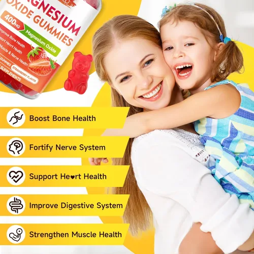 Vista 3 de Gomitas de óxido de magnesio de 400 mg, suplemento de óxido de magnesio masticable para adultos y niños, apoyo nervioso y muscular, sin OGM, sin