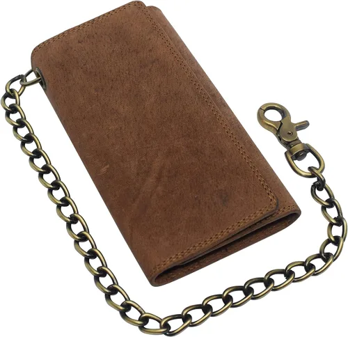 Vista 4 de CAZORO Cartera de cadena de motocicleta de Estados Unidos para hombre, 100% piel auténtica natural, bloqueo RFID triple largo, organizador de dinero
