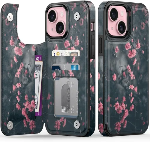 Vista 29 de FUNMIKO Funda tipo cartera para iPhone 13 con tarjetero, bloqueo RFID, protección de grado militar y obras de arte impresas con rayos UV, cierre
