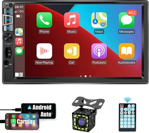 Vista 7 de Estéreo de auto doble DIN con CarPlay inalámbrico y Android Auto, radio de coche HD de 7 pulgadas con Bluetooth, entrada USB/SD/AUX, FM, SWC