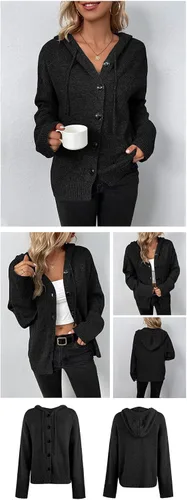 Vista 4 de Suéteres con capucha para mujer, con cordón, de manga larga, de punto, color liso, casual, holgada, con capucha
