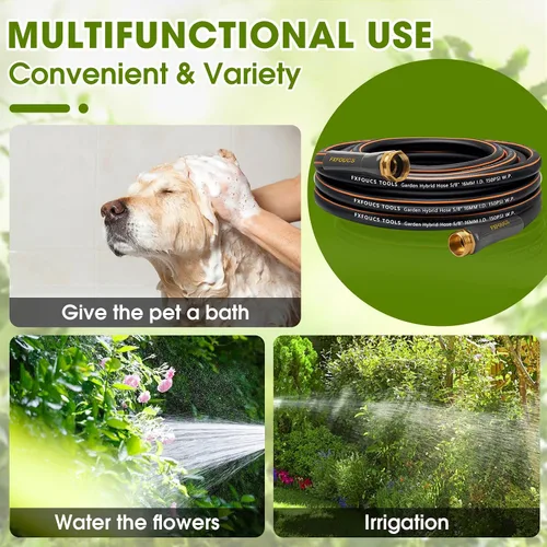 Vista 5 de Manguera de jardín resistente, manguera híbrida flexible y ligera de 5/8 pulgadas con presión de estallido de 600 PSI, mango giratorio y accesorios