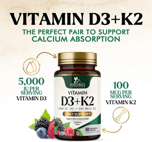 Vista 3 de Suplemento de vitamina D3 K2 5000 UI D3 + K2 100 mcg MK-7 K2 con vitamina D Apoya la salud inmunológica, cardíaca, dental y ósea, fácil