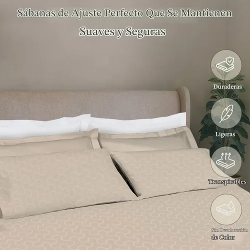 Vista 4 de Threadmill Sábanas 100% algodón para cama tamaño King, satén de damasco Floria Beige Claro