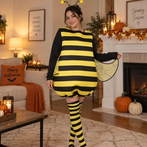 Vista 5 de Disfraz de abeja adulta para mujer, traje de abejorro de 4 piezas Negro y amarillo