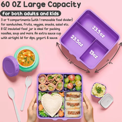 Vista 2 de Fimibuke Caja Bento para niños y adultos – Juego de lonchera Bento de 3 a 4 compartimentos a prueba de fugas con tarro de comida aislado, botella
