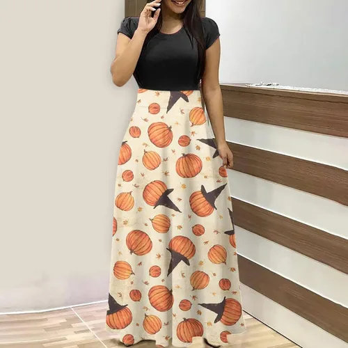 Vista 2 de Vestido de Halloween para mujer, vestido de verano con estampado casual de bloques de color, cintura