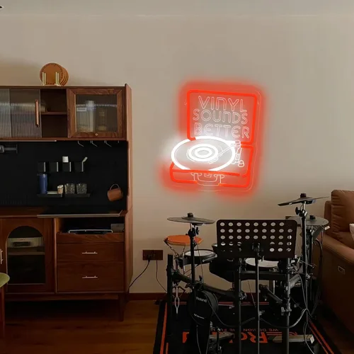 Vista 2 de Letrero de neón de vinilo para tienda de discos, decoración musical para bar de dormitorio, decoración de fiesta de grabación, luz LED de pared