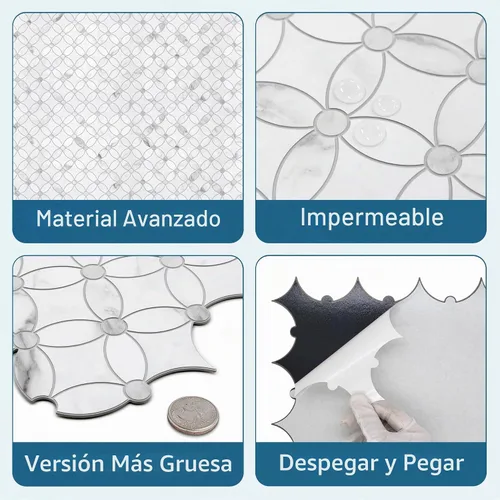 Vista 3 de SUNWINGS Azulejos Autoadhesivos de Moneda de Despegar y Pegar de 10 Hojas con Chorro de Agua para Salpicadero, Paneles de Pared de Mármol Blanco