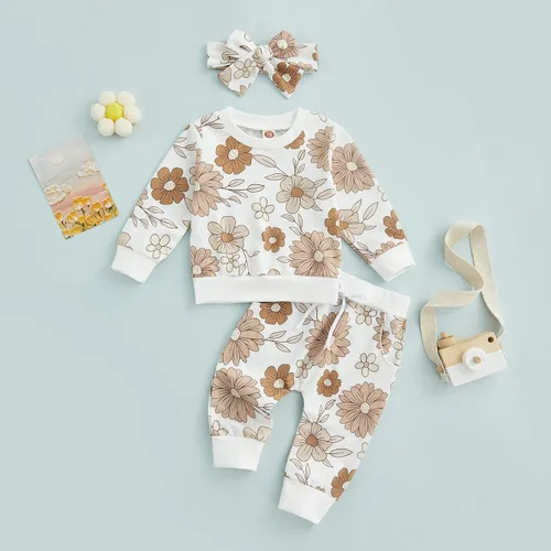 Vista 3 de AEEMCEM Conjunto de sudadera de manga larga con diseño floral de calabaza y diadema para bebé niña