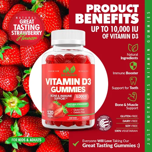Vista 3 de Vitamina D3 5000IU / 10,000IU Gomitas para adultos y niños (120 unidades) - Soporte máximo de fuerza para el sistema inmunológico, huesos y dientes