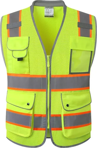 Vista 36 de JKSafety Chaleco de seguridad frontal con cremallera de alta visibilidad Clase 2 de 9 bolsillos con tiras reflectantes, cumple con las normas