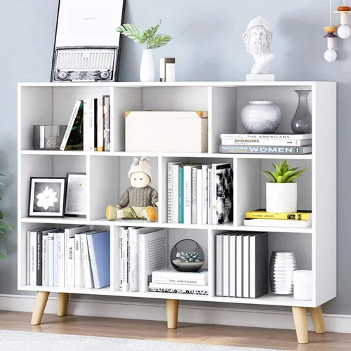 Vista 20 de IOTXY - Estantería de madera con espacios abiertos, 3 niveles, con patas, 5 cubos, color azul brillante Nordic Minimalist Style, MDF