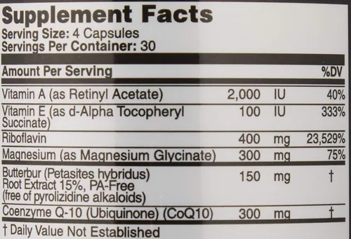 Vista 11 de Alivio de la migraña, fórmula cuádruple con mantequilla sin PA (150 mg), CoQ10 (300 mg), glicinato de magnesio (300 mg), riboflavina de alta dosis