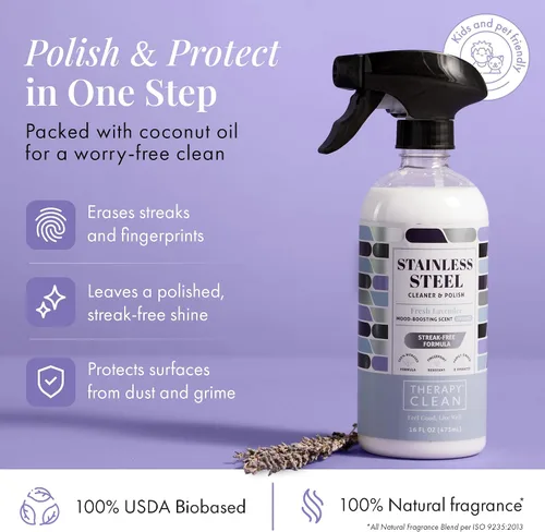 Vista 3 de Limpiador y abrillantador de acero inoxidable Therapy con gamuza de microfibra grande, 16 fl. oz. 100% USDA Biobased. Removes fingerprints &