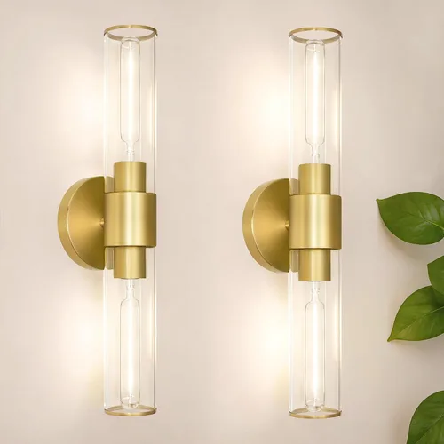 Vista 9 de Juego de 2 apliques de pared de níquel cepillado (solo cableado), lámparas de tocador de baño, modernas luces de pared cilíndricas de vidrio