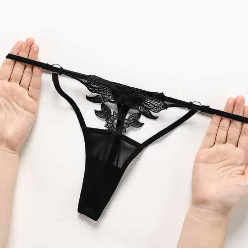 Vista 7 de Tangas de encaje para mujer, con corte sexy, cintura baja, espalda en T, ropa interior elástica transparente
