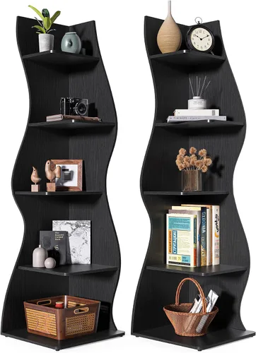 Vista 23 de LITTLE TREE Estantería de esquina pequeña, estantería moderna de esquina de pared de 5 niveles para libros, elegante librero estante