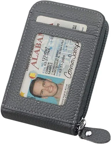 Vista 2 de Noedy RFID bloqueo de tarjetas de crédito titulares caso organizador cuero genuino cremallera alrededor de la cartera de seguridad, Gris, Mujeres