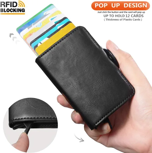 Vista 2 de Tarjetero para hombre, tarjetero delgado para tarjetas de crédito, bolsillo frontal, antirrobo, RFID, autoemergente, para viajes, billeteras