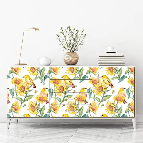 Vista 7 de VaryStyle Papel tapiz vintage de girasol de 17.7 x 118 pulgadas, acuarela amarillo brillante/verde, pájaros florales, despegar y pegar, papel