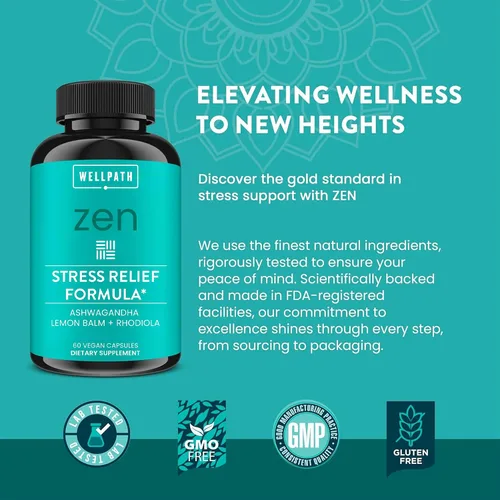 Vista 5 de WellPath Suplemento Zen para aliviar el estrés + apoyo del estado de ánimo, calma, estrés y apoyo energético Raíz de Ashwagandha, Rhodiola Rosea