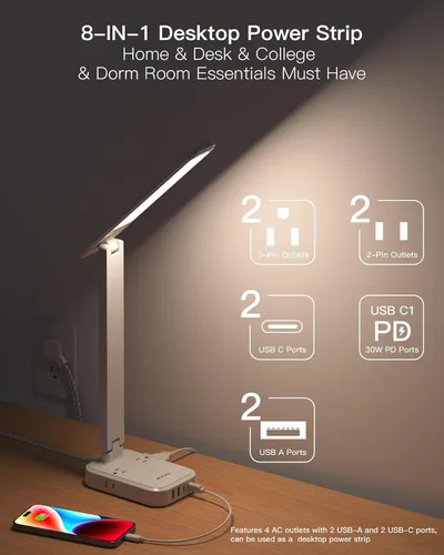 Vista 4 de Regleta de alimentación con lámpara LED de escritorio, lámparas de escritorio táctiles PD 30W, 4 tomas de corriente, 4 puertos USB (2 USB C)
