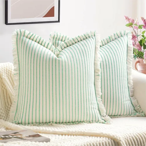 Vista 15 de Fundas de almohada ZWJD de 16 x 16 pulgadas, juego de 2 fundas de almohada a rayas con borlas, fundas de almohada de algodón chic, fundas de cojín