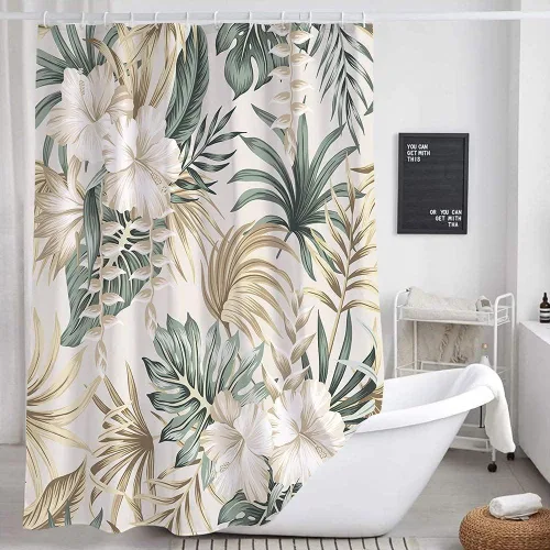Vista 2 de DYNH Cortina de ducha para baño, diseño de plantas tropicales, plantas tropicales, caravanas, hojas de palmera verde salvia, beige, bonita