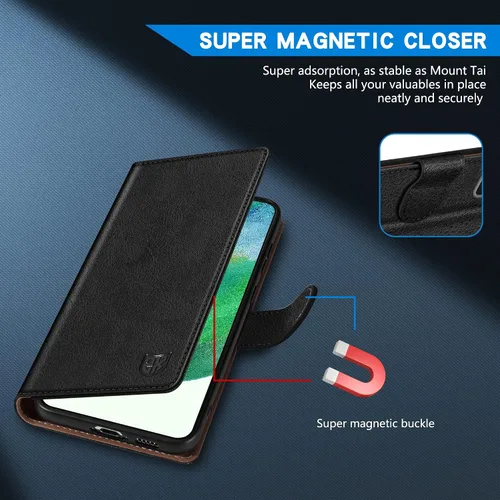 Vista 4 de ZZXX Funda tipo cartera para Samsung Galaxy S21 FE con bloqueo RFID, ranura para tarjetas, función atril, cierre magnético, funda protectora