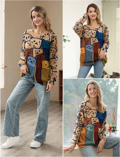 Vista 4 de YESNO Suéter de Navidad para mujer, estampado gráfico, suéteres de gran tamaño, casuales, sueltos, de punto, S01 Floral 064