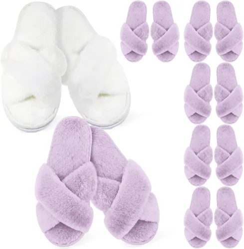 Vista 12 de JenPen 7 pares de pantuflas peludas para damas de honor con banda cruzada Blanco