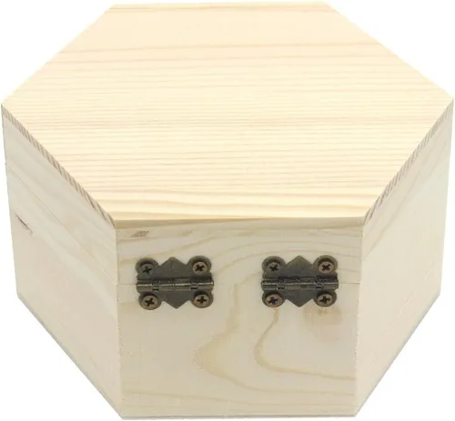 Vista 2 de Caja lisa sin terminar, caja de joyería hexagonal de madera sin pintar, caja del tesoro de almacenamiento de bricolaje