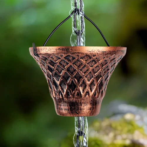 Vista 7 de Cadenas de Lluvia Adorafur para Canalones Exteriores de 1.75m Cadena de Atrapache de Lluvia de Cobre con 12 Tazas Decorativas de Reemplazo