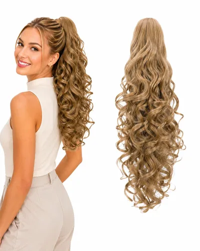Vista 16 de Prettyshop - Extensión de cola de caballo de 24 pulgadas con clip, larga, voluminosa, ondulada, resistente al calor, color negro H63 Negro # 1 H63
