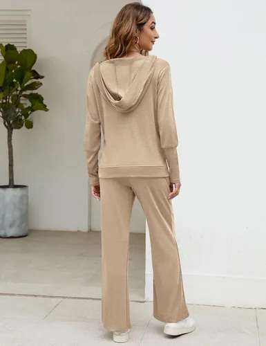 Vista 5 de AKEWEI Conjuntos de dos piezas para mujer, conjunto de sudadera a juego con cuello en V, sudadera con capucha y pantalones de pierna ancha