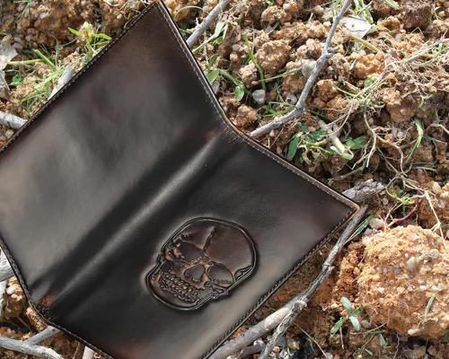 Vista 3 de DK86 Cartera larga plegable para hombre cuero de grano completo con pulido a mano bloqueo RFID Calavera C