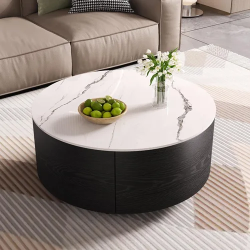 Vista 32 de KEVINSPACE Mesa auxiliar negra con borde dorado en la parte inferior, mesa de centro redonda para espacios pequeños, mesa auxiliar de madera mesita
