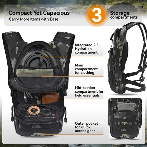 Vista 3 de MARCHWAY Mochila de Hidratación Táctica Molle con Vejiga de Agua de TPU de 2.5L, Mochila Militar Organizada de Perfil Bajo para Senderismo, Camo