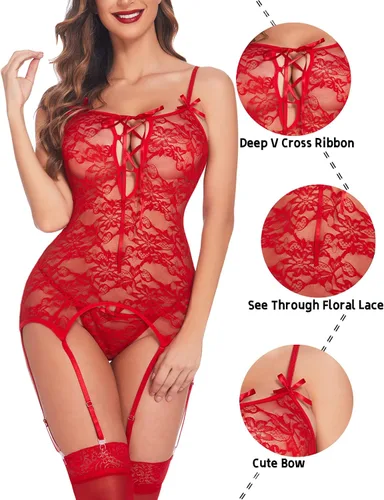 Vista 5 de Conjunto Avidlove lencería, babydoll con encaje y portaligas, para mujer