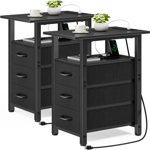 Vista 15 de Vagusicc Mesita de noche negra con estación de carga y luces LED, mesa auxiliar estrecha, mesita de noche LED con 3 cajones de tela para dormitorio