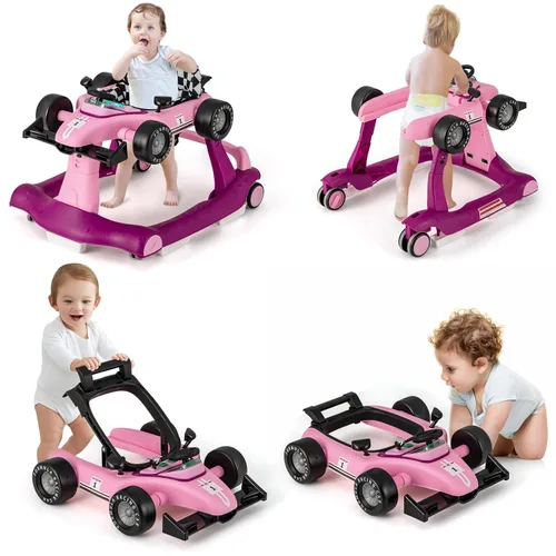 Vista 12 de HONEY JOY Andador de bebé 4 en 1, caminador de actividad con 3 alturas ajustables, ruedas suaves con velocidad ajustable, asiento acolchado, música
