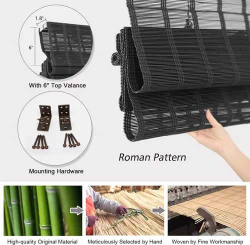 Vista 4 de Persianas romanas de bambú sin cordones para ventanas, persianas de madera tejida natural de ónix negro con cenefa de 6 pulgadas de alto, persianas