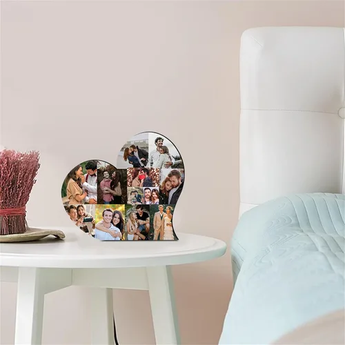 Vista 4 de Marco de fotos personalizado con collage de corazón, placa de madera con base para el día de San Valentín, boda, aniversario, cumpleaños, decoración